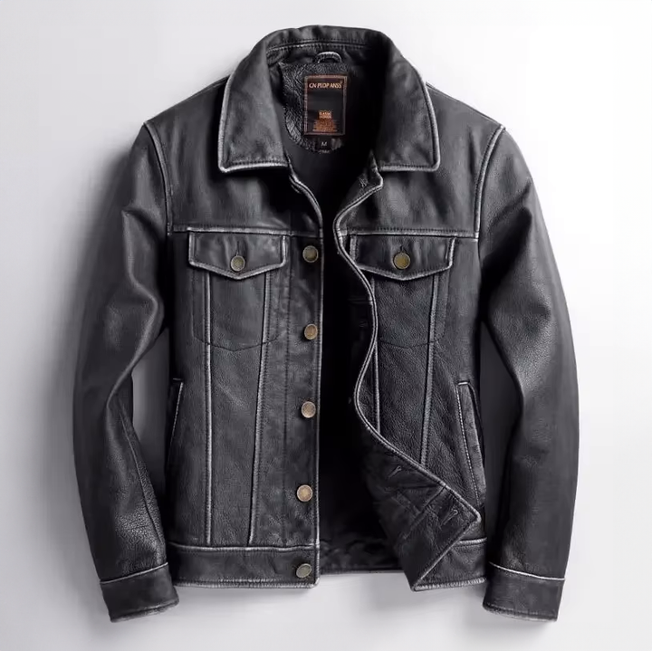 Thaddeus - Men's Distressed Leather Button-Front Jacket