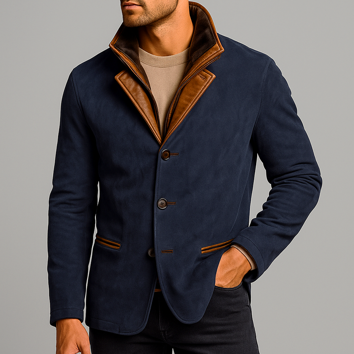 Thatcher - Men's Button-Front Suede Blazer with Leather Collar