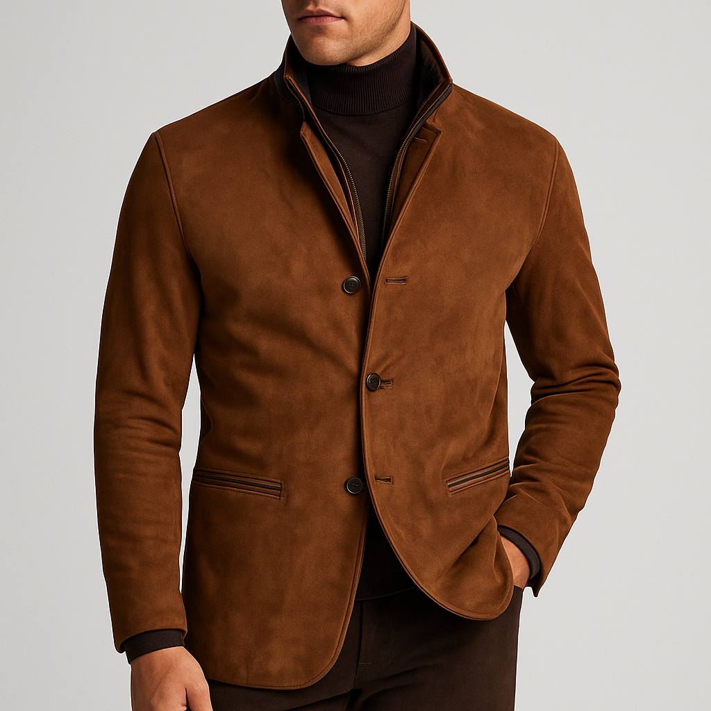 Thatcher - Men's Button-Front Suede Blazer with Leather Collar