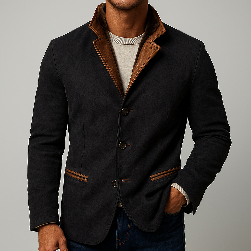 Thatcher - Men's Button-Front Suede Blazer with Leather Collar