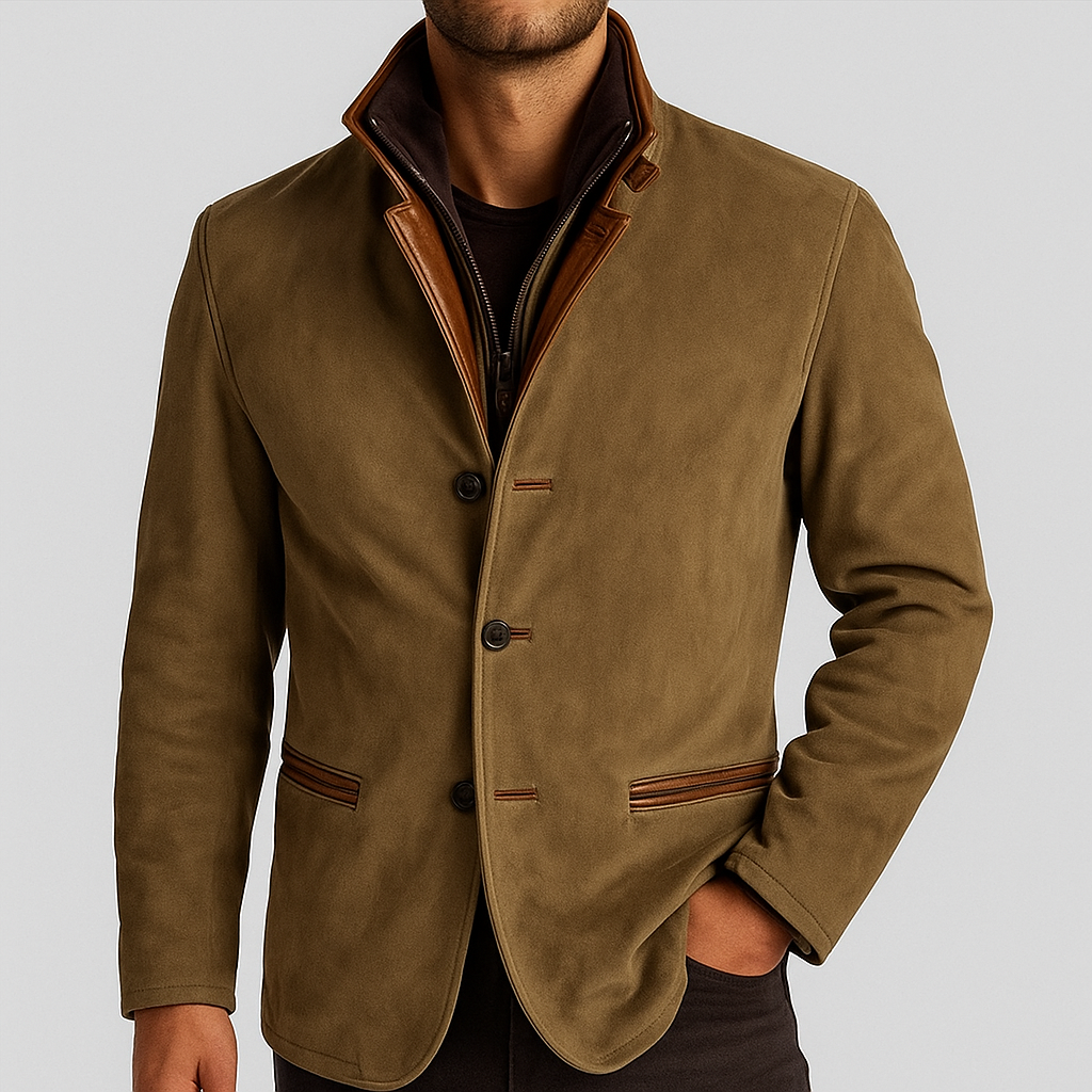 Thatcher - Men's Button-Front Suede Blazer with Leather Collar