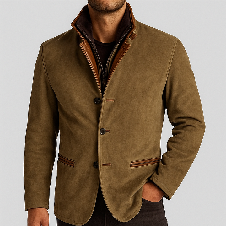 Thatcher - Men's Button-Front Suede Blazer with Leather Collar