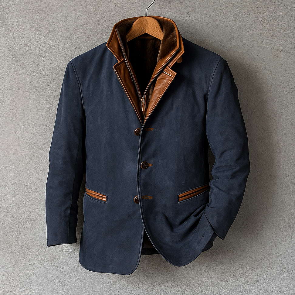Thatcher - Men's Button-Front Suede Blazer with Leather Collar