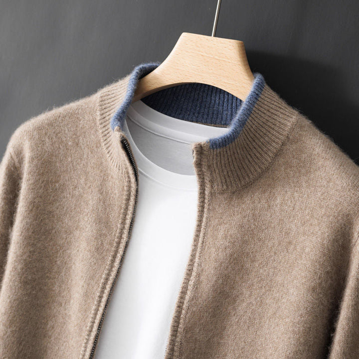 Theo - Men's Cashmere Zip Cardigan with Ribbed Collar