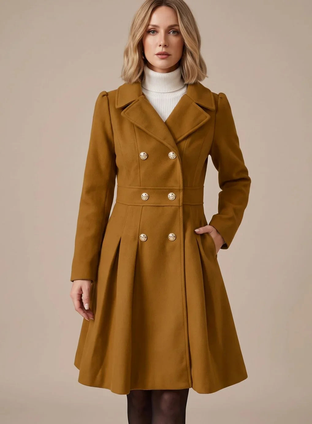 Theodora - Women's Double-Breasted A-Line Coat with Notch Lapels