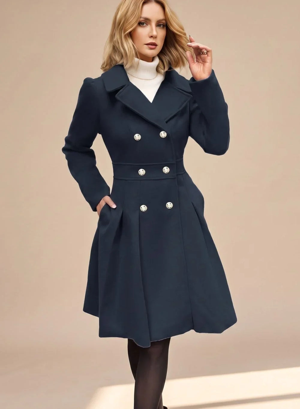 Theodora - Women's Double-Breasted A-Line Coat with Notch Lapels