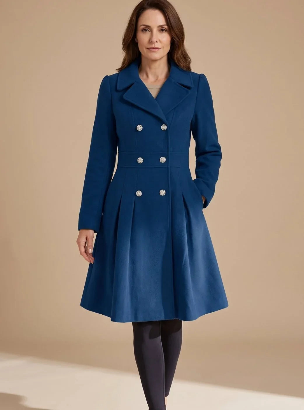 Theodora - Women's Double-Breasted A-Line Coat with Notch Lapels