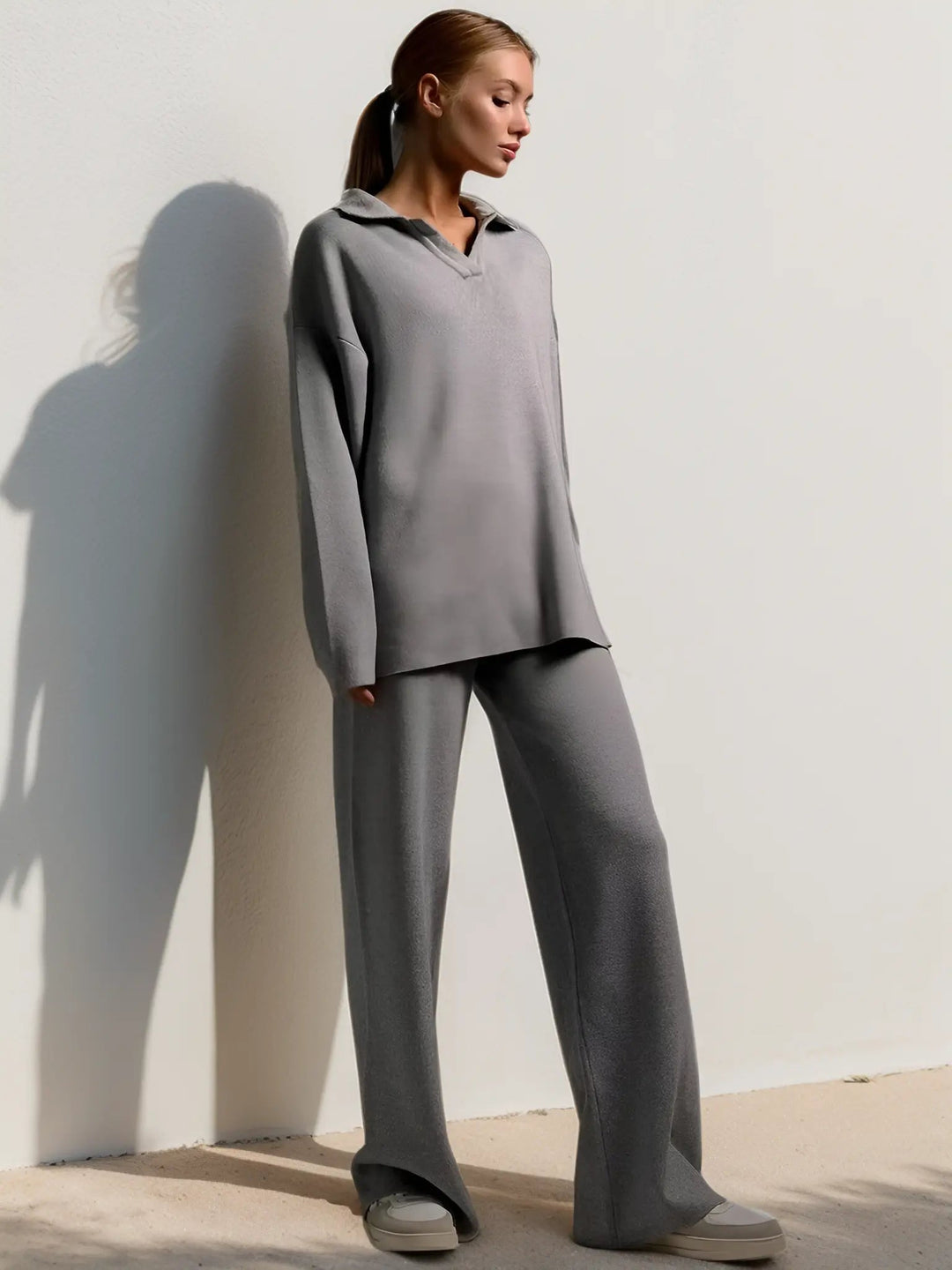Theodora - Women's Oversized Collared Pullover & Wide-Leg Pants Set