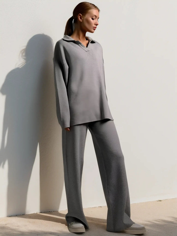 Theodora - Women's Oversized Collared Pullover & Wide-Leg Pants Set