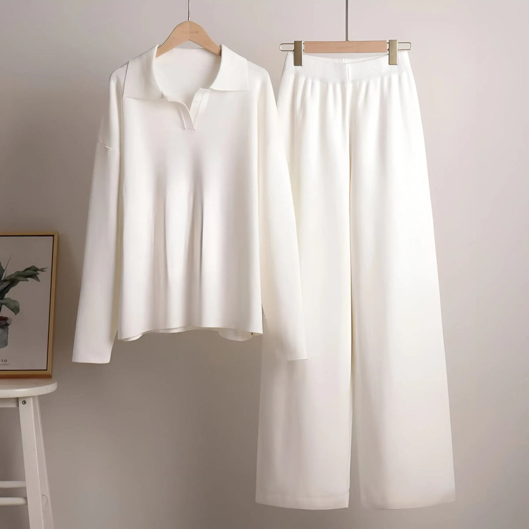 Theodora - Women's Oversized Collared Pullover & Wide-Leg Pants Set
