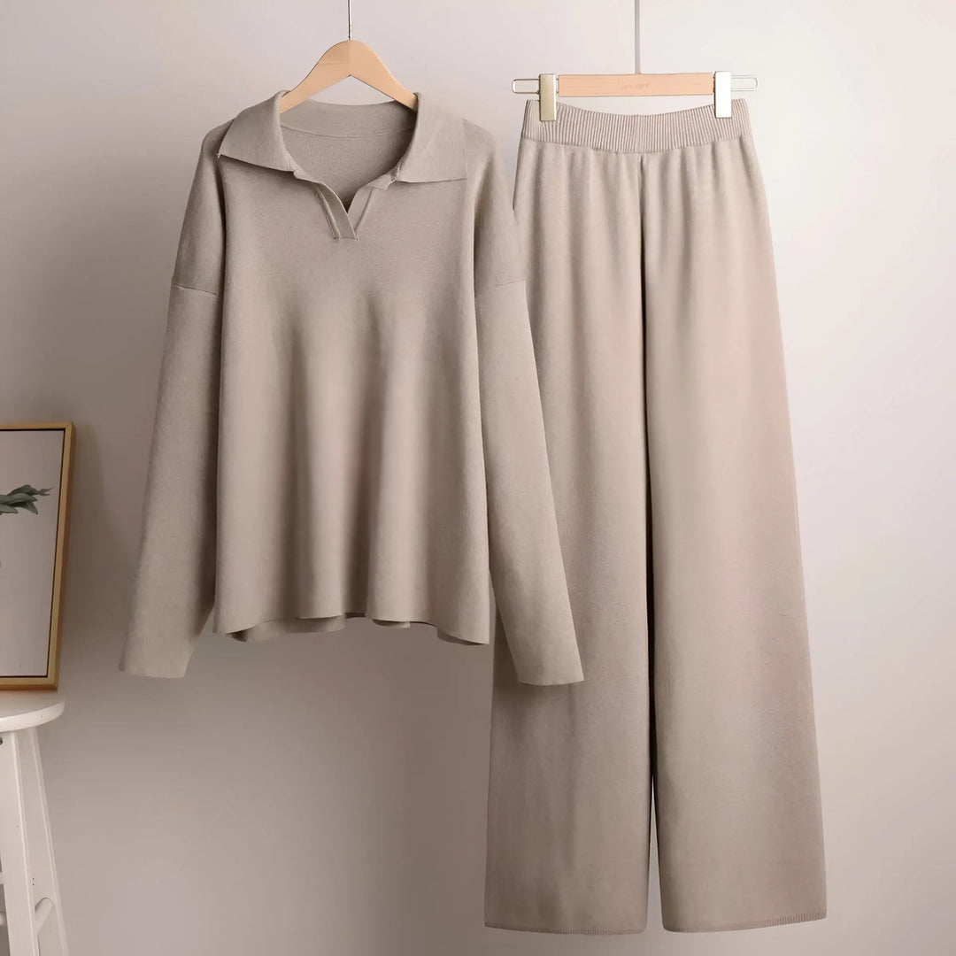 Theodora - Women's Oversized Collared Pullover & Wide-Leg Pants Set