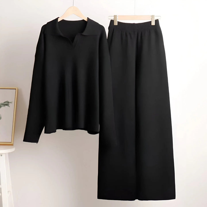 Theodora - Women's Oversized Collared Pullover & Wide-Leg Pants Set