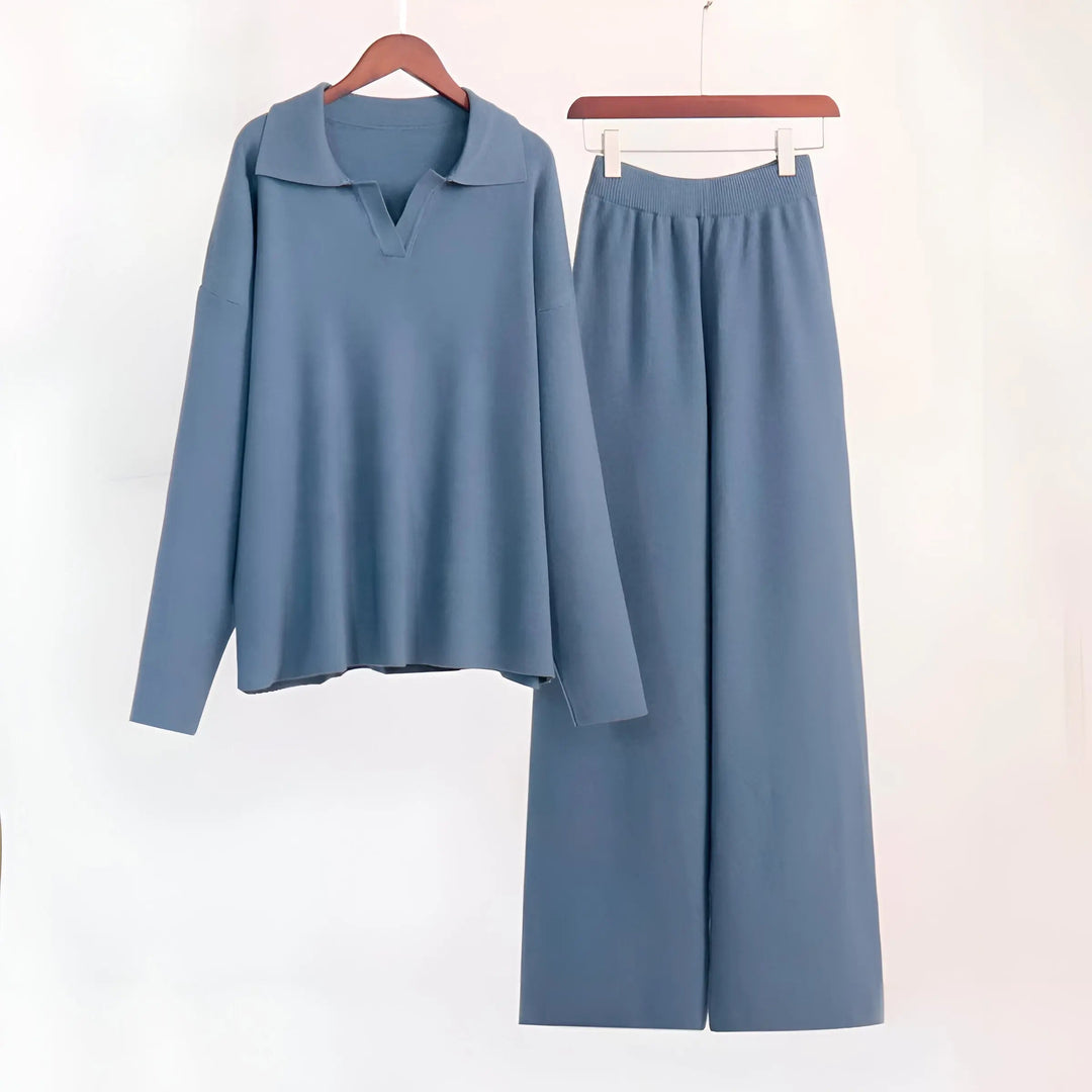 Theodora - Women's Oversized Collared Pullover & Wide-Leg Pants Set