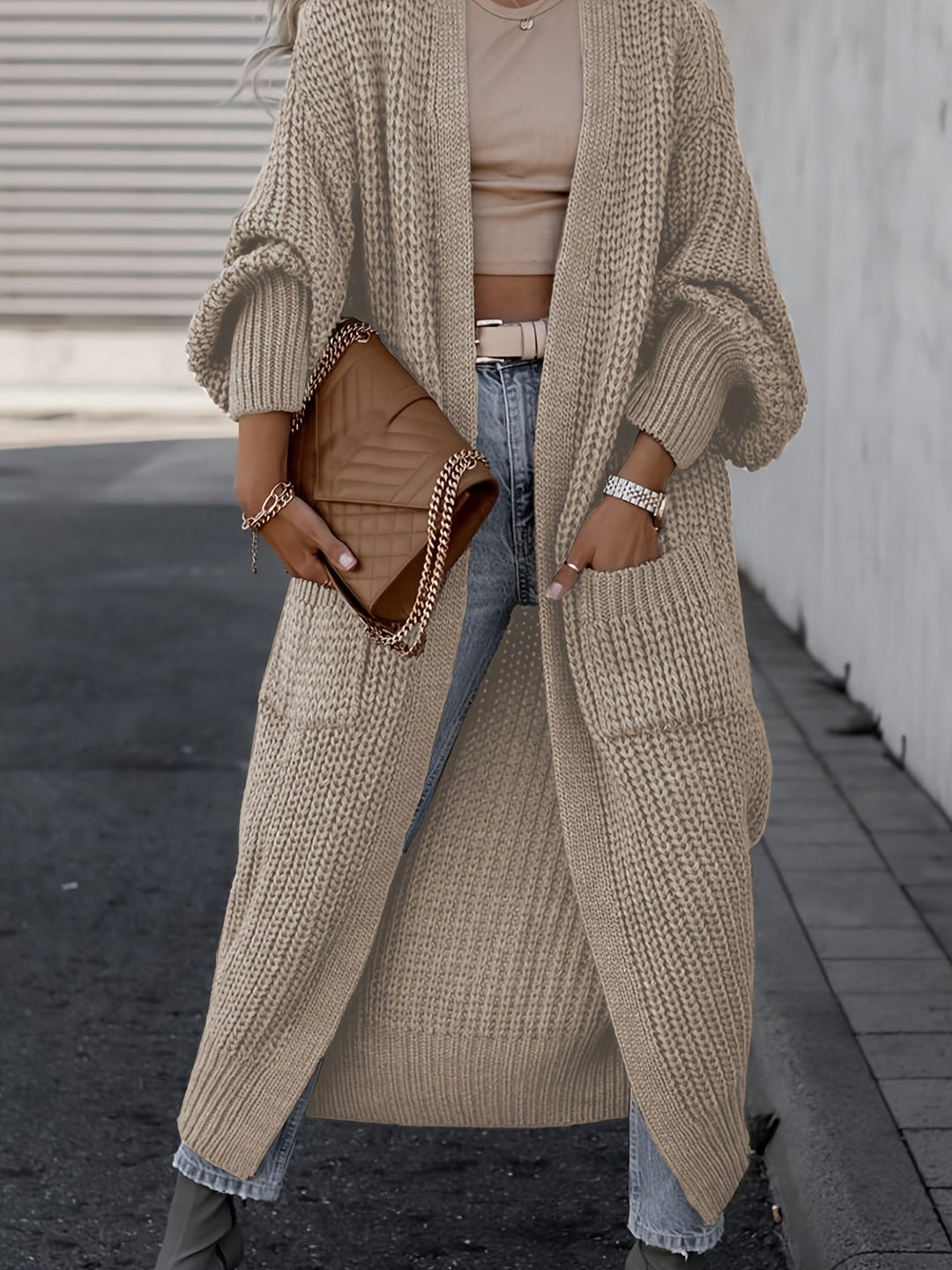 Theodora - Women's Oversized Ribbed Cardigan with Deep V-Neck