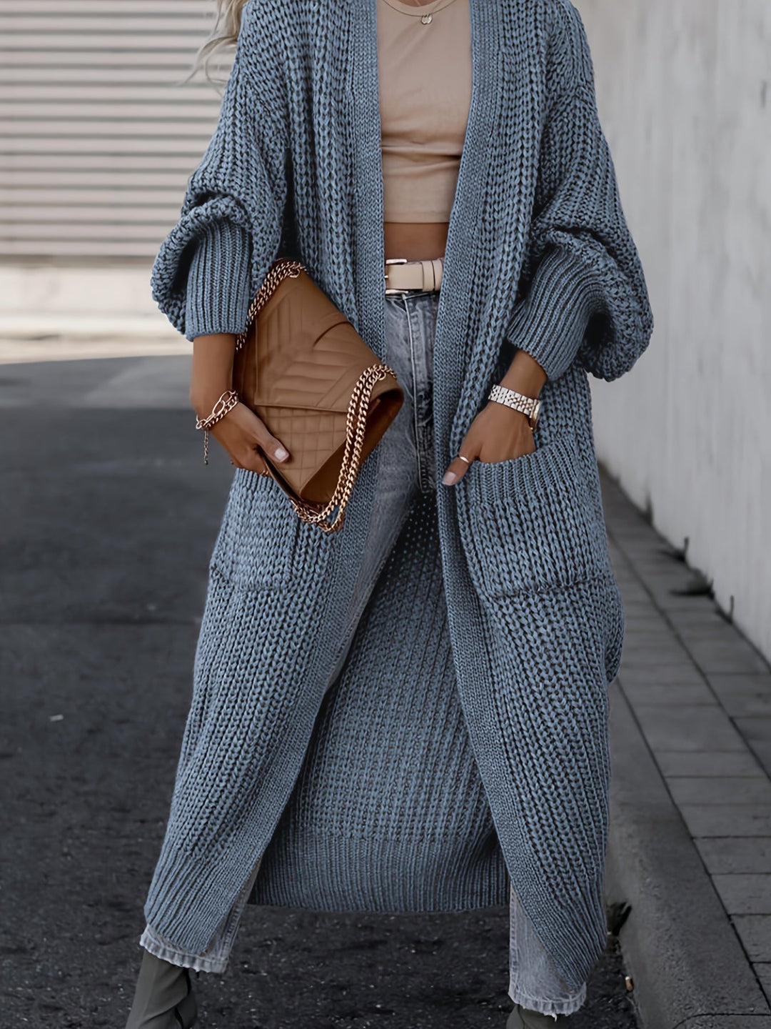 Theodora - Women's Oversized Ribbed Cardigan with Deep V-Neck