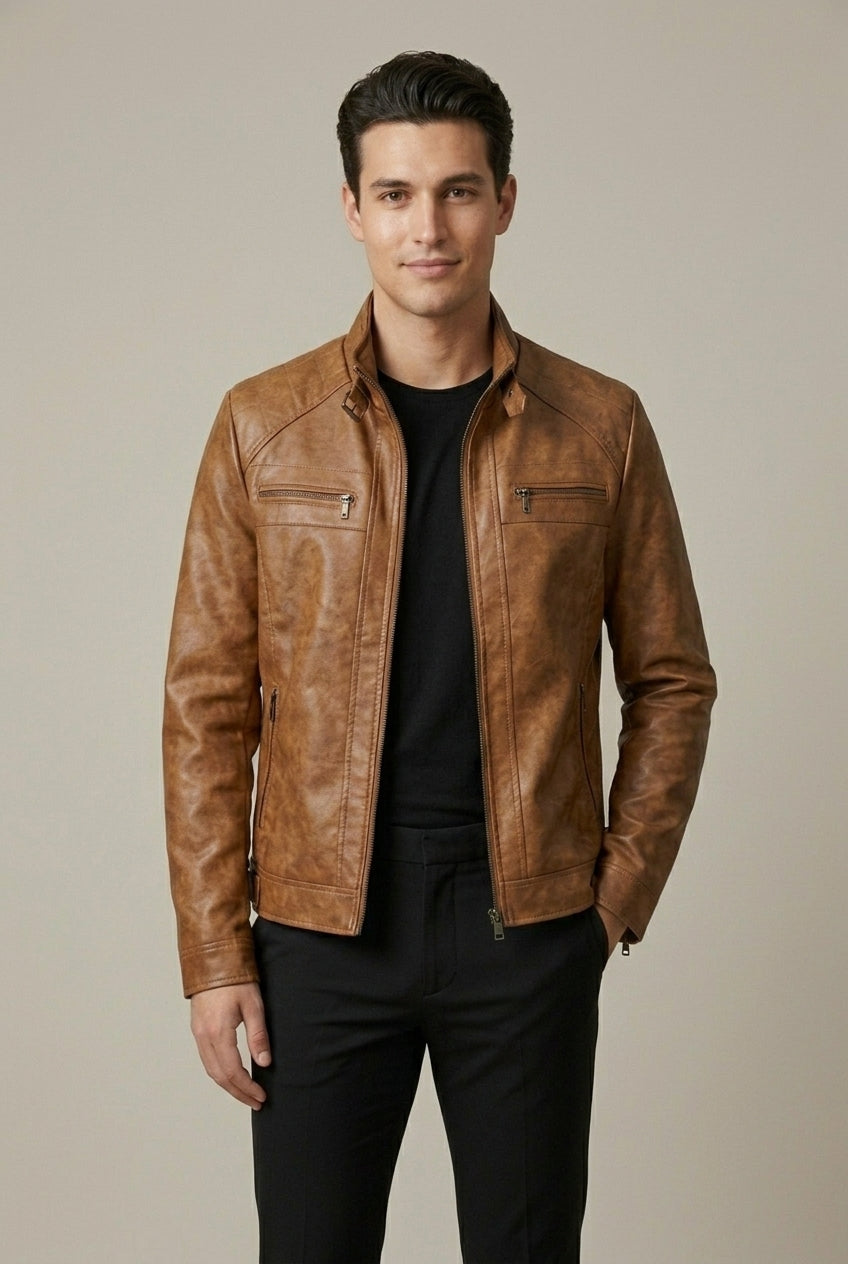 Trace - Men's Faux Leather Jacket with Quilted Shoulder Panels