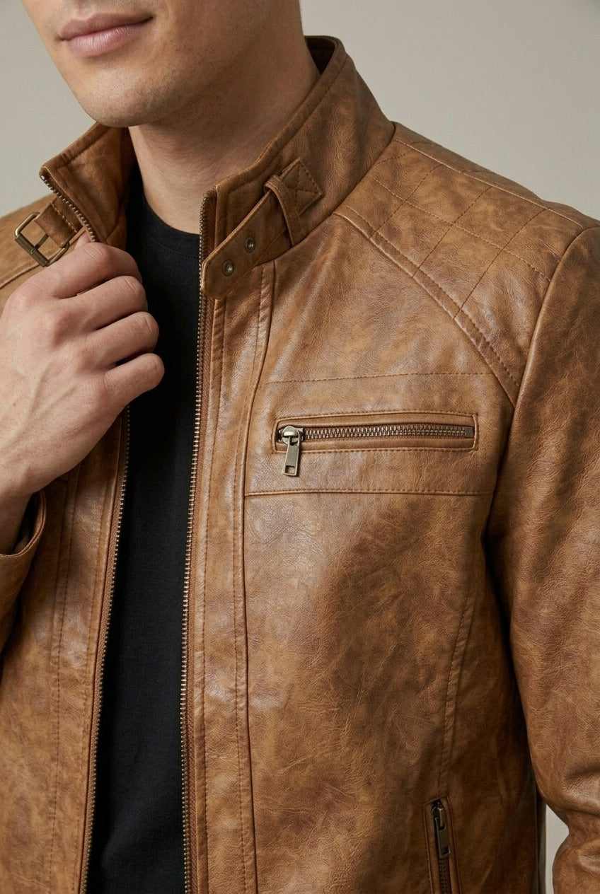 Trace - Men's Faux Leather Jacket with Quilted Shoulder Panels