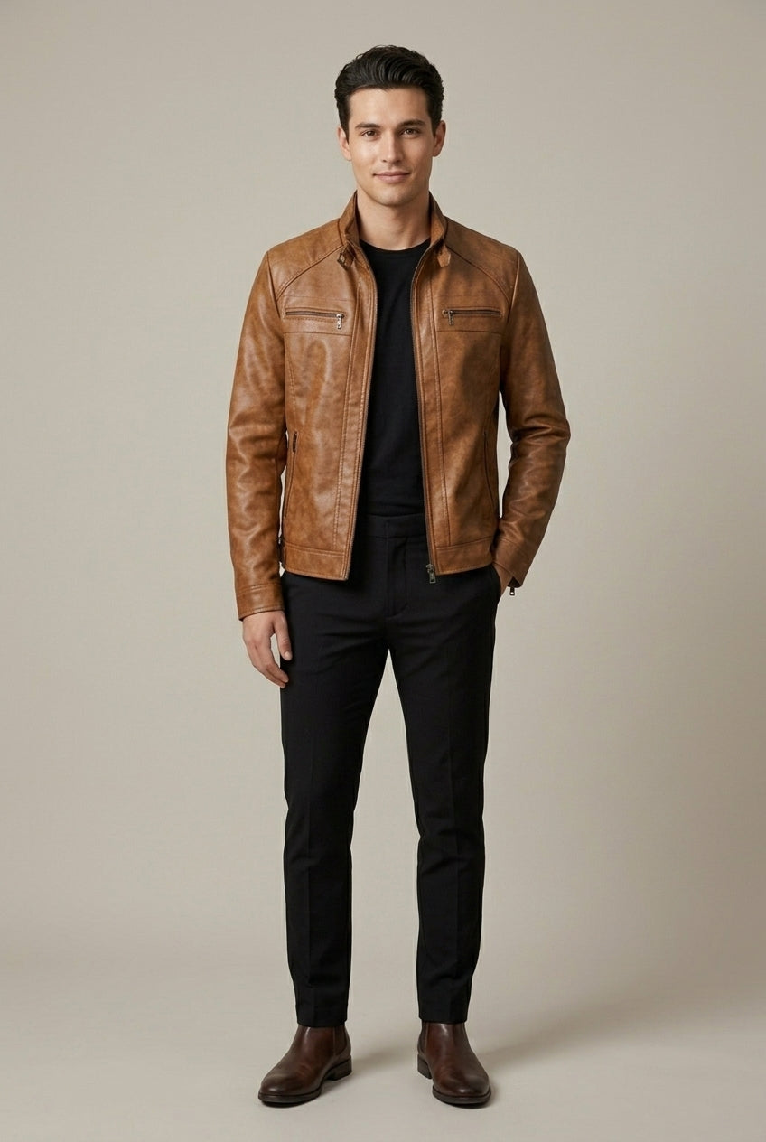 Trace - Men's Faux Leather Jacket with Quilted Shoulder Panels