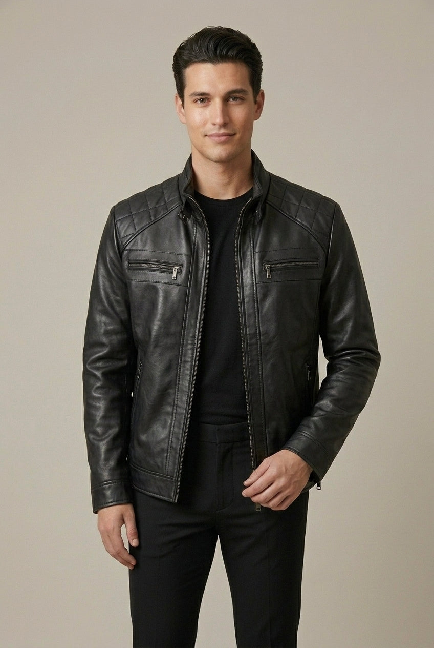 Trace - Men's Faux Leather Jacket with Quilted Shoulder Panels