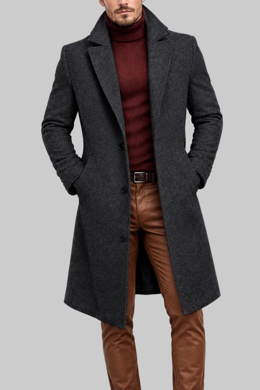 Tyler -  Men's Long Wool Blend Coat with Notched Lapels 