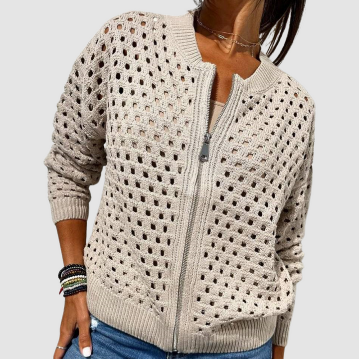 Venetia - Women's Openwork Knit Zip Cardigan