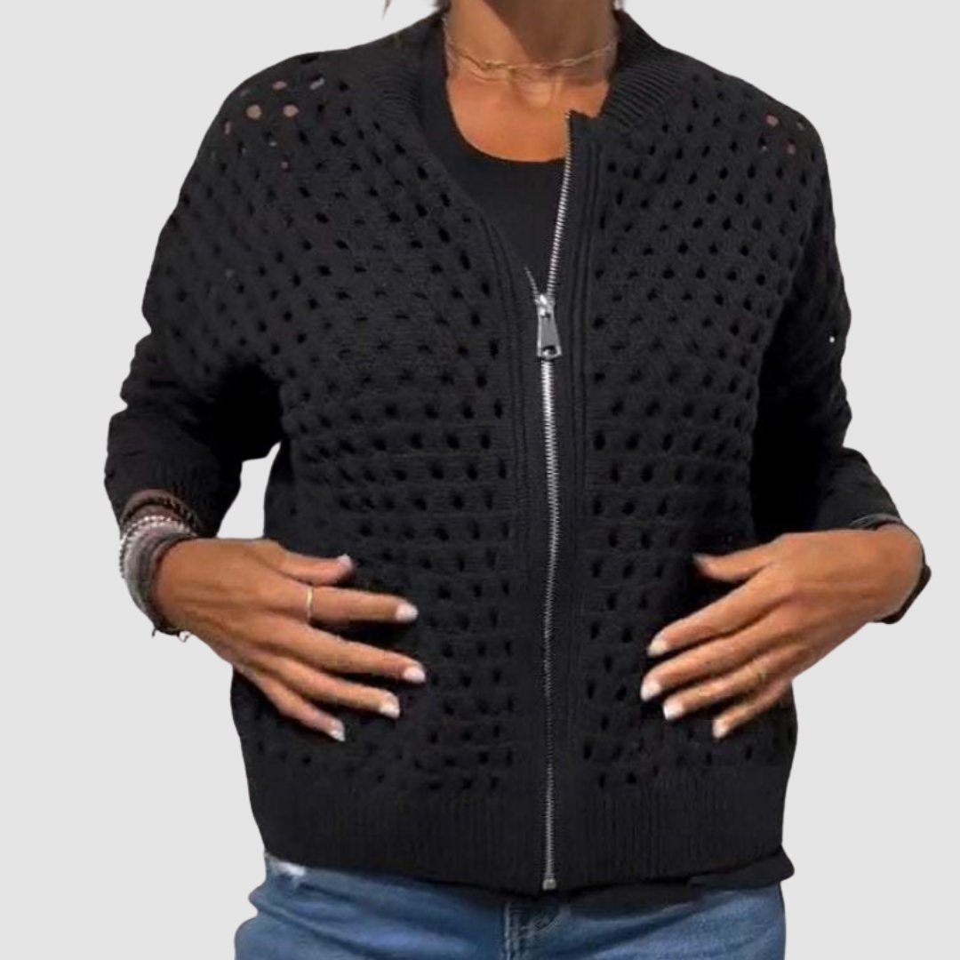 Venetia - Women's Openwork Knit Zip Cardigan