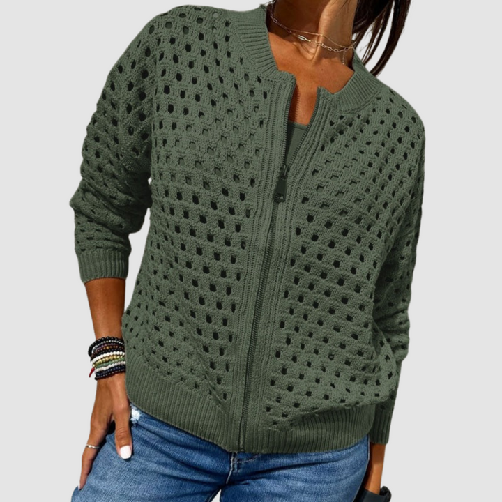 Venetia - Women's Openwork Knit Zip Cardigan