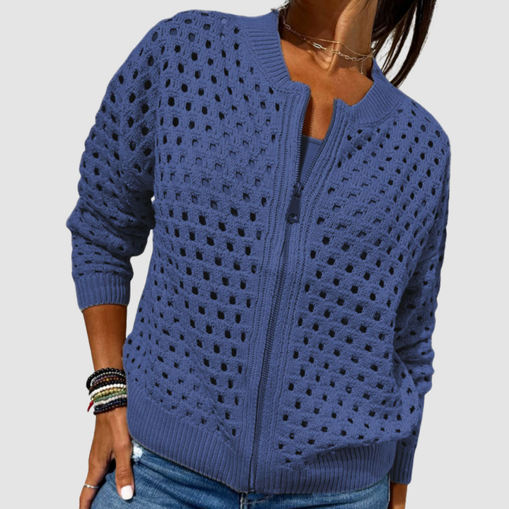 Venetia - Women's Openwork Knit Zip Cardigan