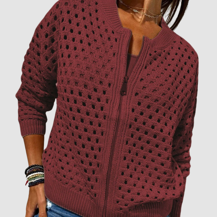 Venetia - Women's Openwork Knit Zip Cardigan