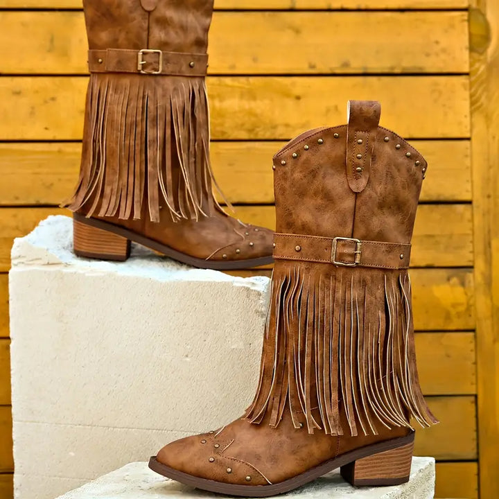 Vesper - Women's Fringe & Studded Suede Ankle Boots