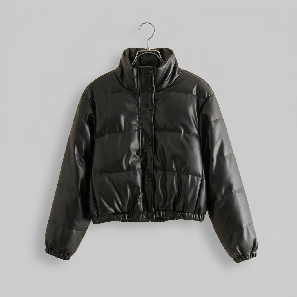 Violet - Women's Faux-Leather Down Jacket with Hood