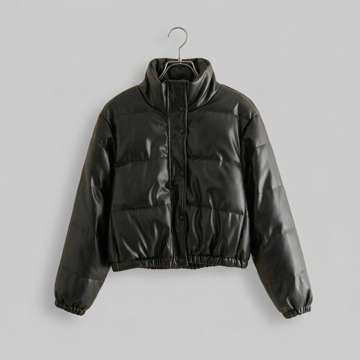 Violet - Women's Faux-Leather Down Jacket with Hood