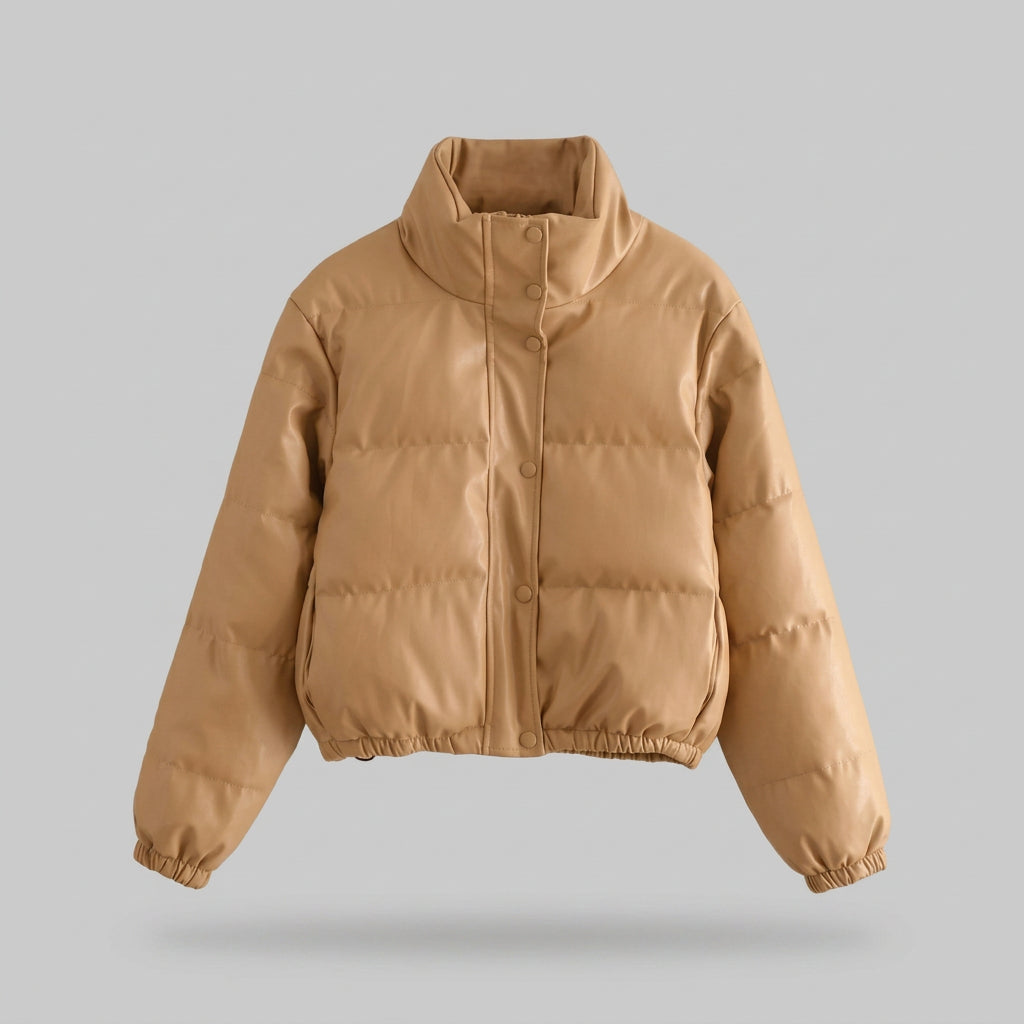 Violet - Women's Faux-Leather Down Jacket with Hood