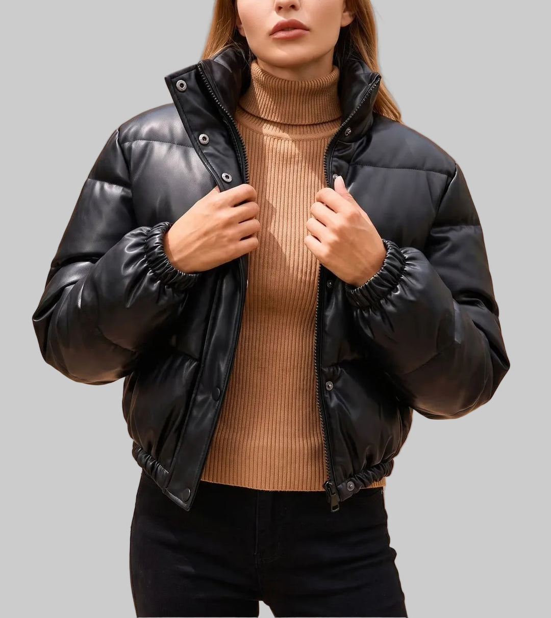 Violet - Women's Faux-Leather Down Jacket with Hood