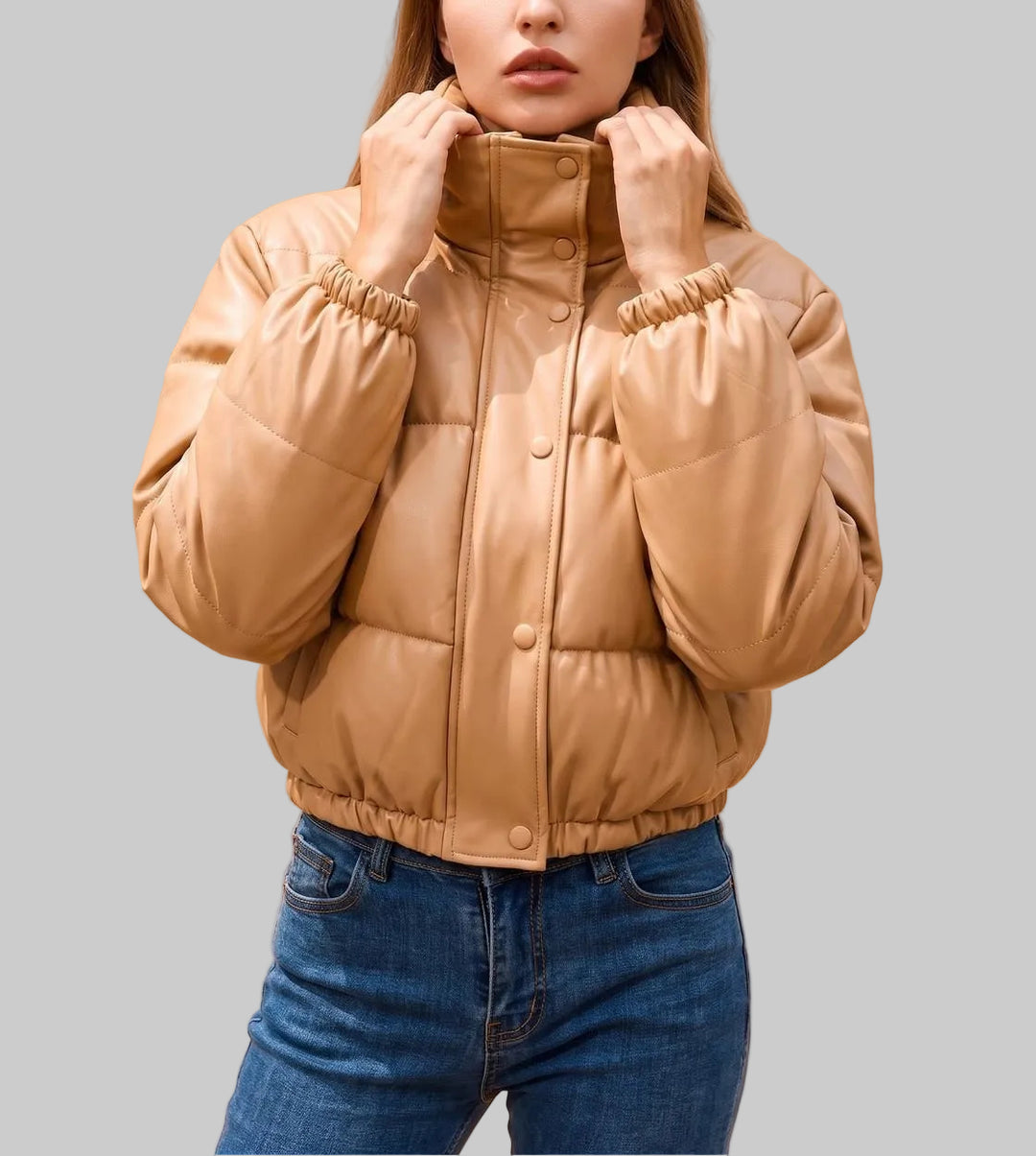 Violet - Women's Faux-Leather Down Jacket with Hood