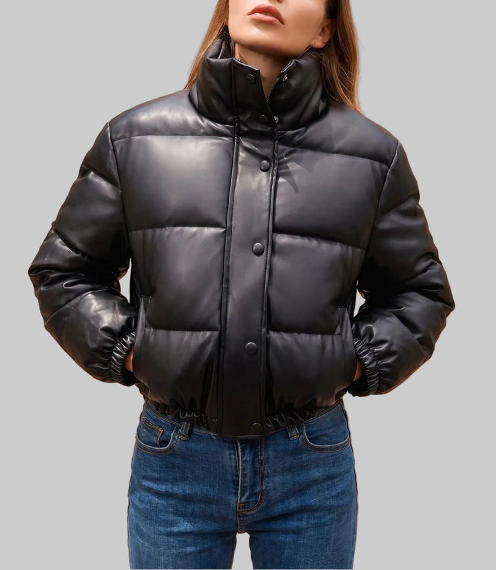 Violet - Women's Cropped Faux-Leather Puffer Jacket with Hood