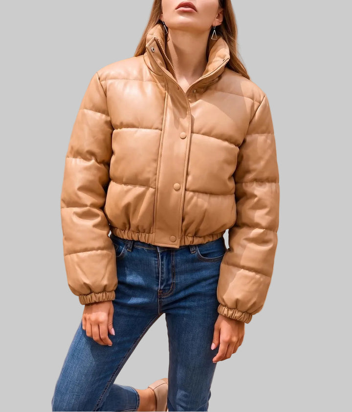 Violet - Women's Faux-Leather Down Jacket with Hood