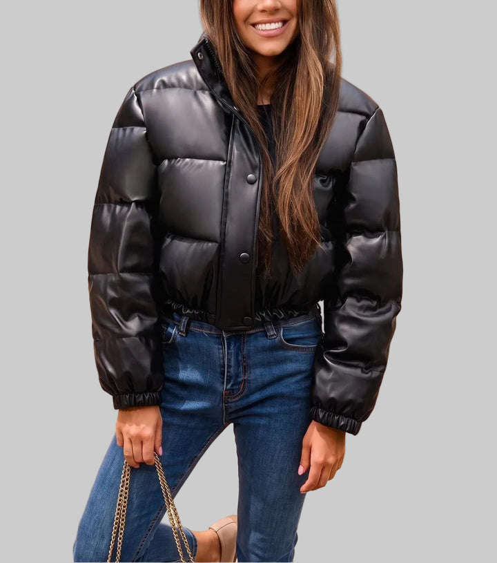 Violet - Women's Faux-Leather Down Jacket with Hood