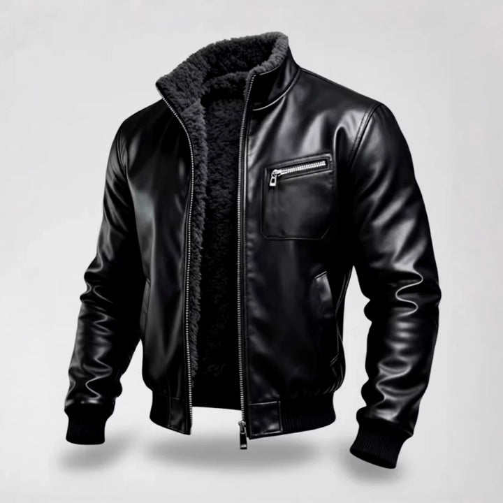 Warren - Men's Fur Lined Leather Moto Jacket with Zip Pocket 4
