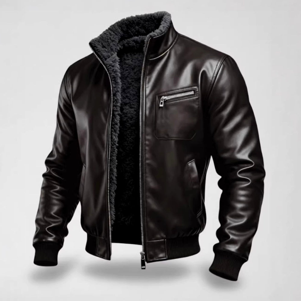 Warren - Men's Fur Lined Leather Moto Jacket with Zip Pocket 5
