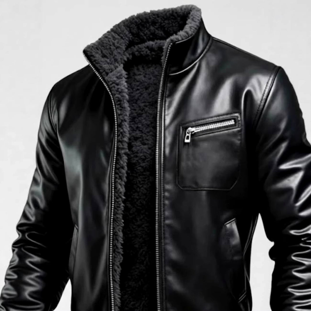 Warren - Men's Fur Lined Leather Moto Jacket with Zip Pocket 6