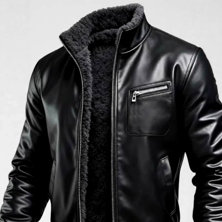 Warren - Men's Fur Lined Leather Moto Jacket with Zip Pocket 6