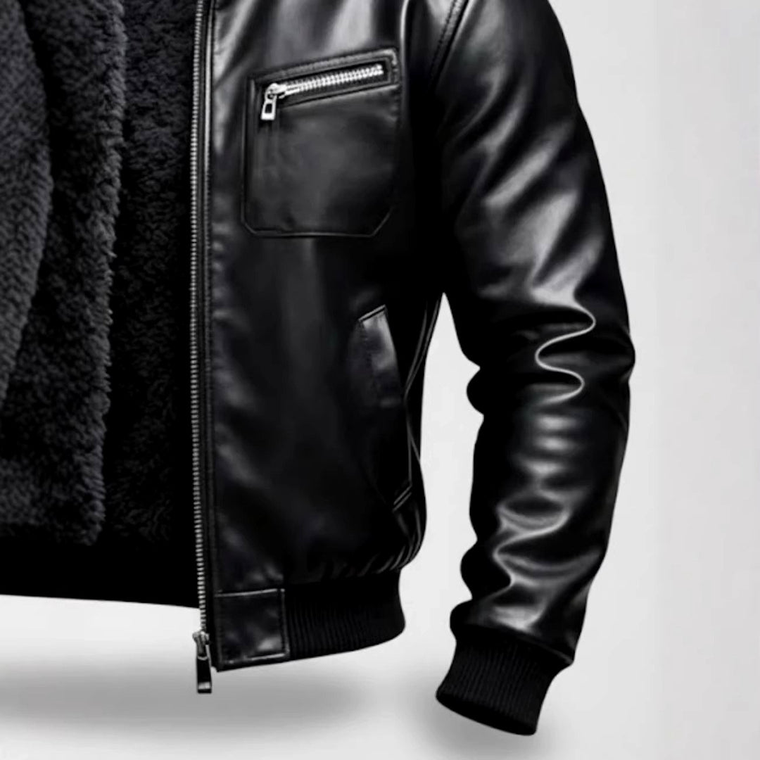 Warren - Men's Fur Lined Leather Moto Jacket with Zip Pocket 7