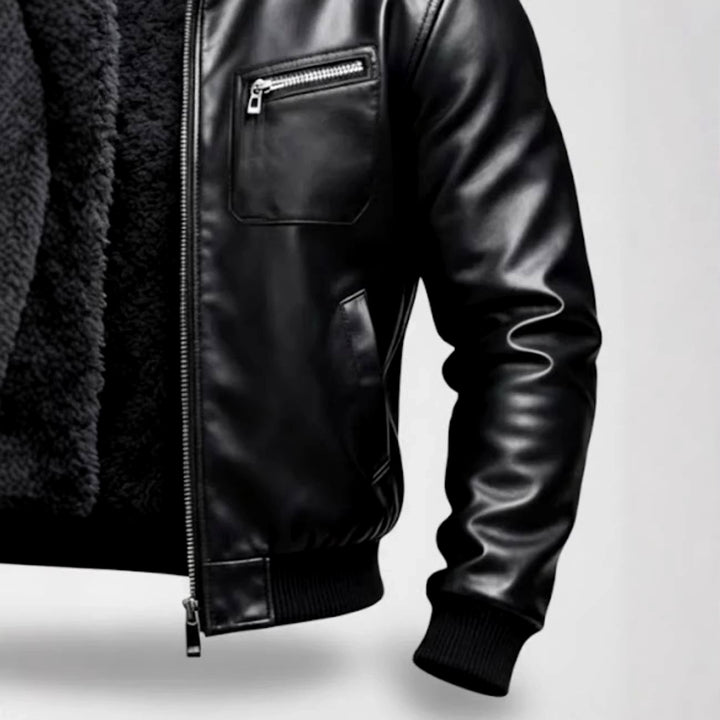 Warren - Men's Fur Lined Leather Moto Jacket with Zip Pocket 7