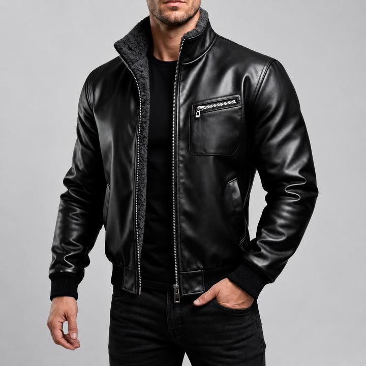 Warren - Men's Fur Lined Leather Moto Jacket with Zip Pocket 8