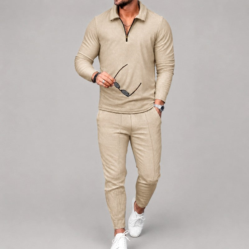 Wayne - Men's Waffle Quarter-Zip Polo Shirt and Tapered Pants Set 1