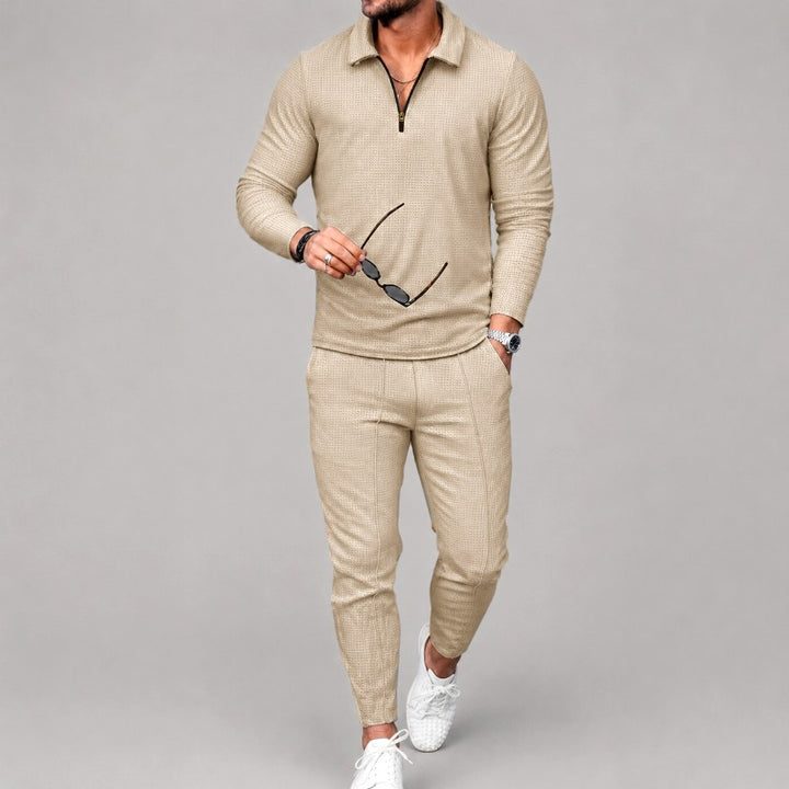 Wayne - Men's Waffle Quarter-Zip Polo Shirt and Tapered Pants Set 1