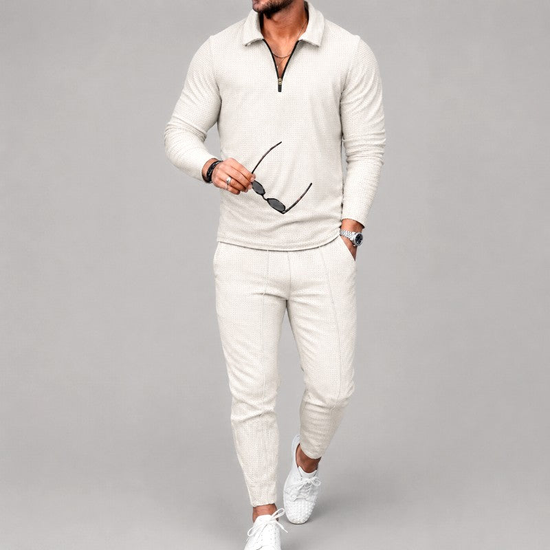 Wayne - Men's Waffle Quarter-Zip Polo Shirt and Tapered Pants Set 2