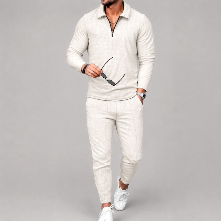 Wayne - Men's Waffle Quarter-Zip Polo Shirt and Tapered Pants Set 2