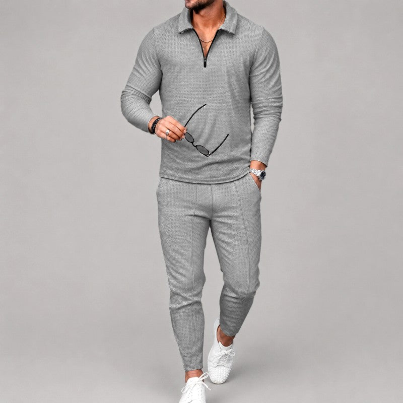 Wayne - Men's Waffle Quarter-Zip Polo Shirt and Tapered Pants Set 3